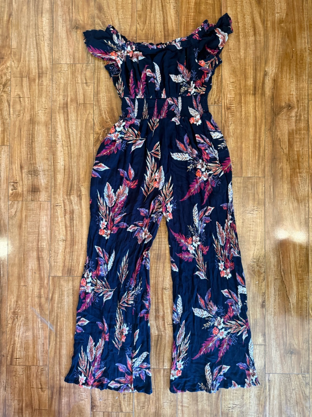 PATRONS OF PEACE Girls Navy Floral Wide Leg Jumpsuit Romper Size Small